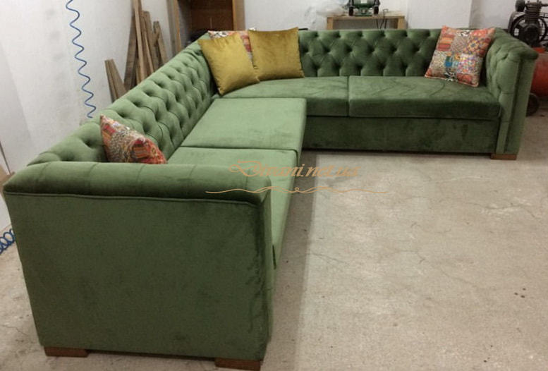 зеленый угловой диван с каретной стяжкой
