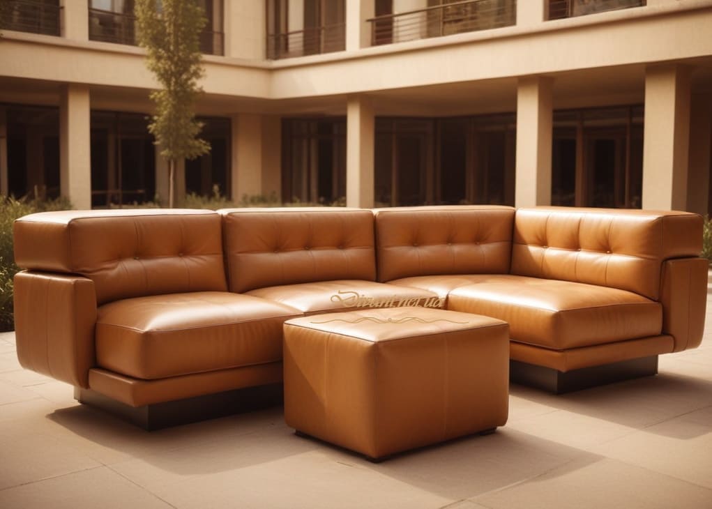 оранжевый угловой кожанный диван для террасы во дворе дома